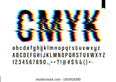 Modern style distorted glitch typeface, mixing blue pink and yellow channel screen defect, uppercase and lowercase letters, only on a light background svg