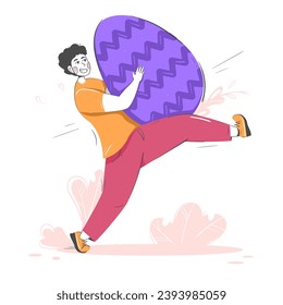 Modern style Easter person. A micro man carries a huge Easter egg. Flat holiday character.