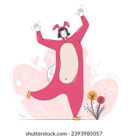 Modern style Easter person. Woman wearing Easter bunny kigurumi costume. Flat holiday character.