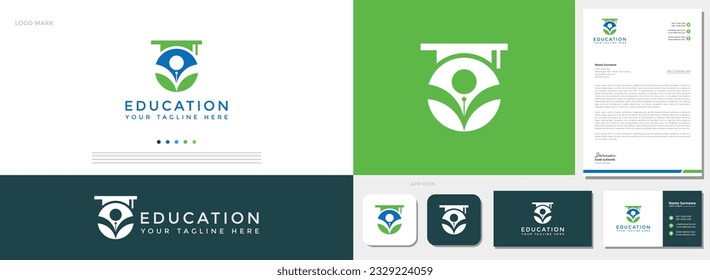 Modern style education logo design with business card and letterhead template. educational needs, teachers, and business enterprises