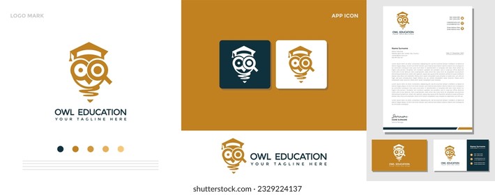 Modern style education logo design with owl character with business card and letterhead template. educational needs, teachers, and business enterprises