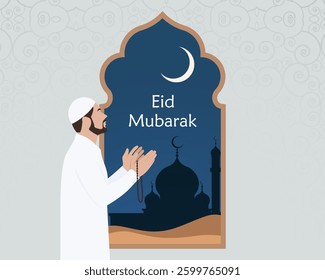 Modern style Eid Mubarak greeting card with retro Boho design. 
