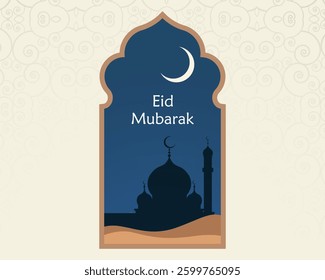 Modern style Eid Mubarak greeting card with retro Boho design. 