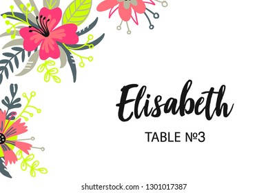Modern style escort wedding invitation card with flower frame background, hand drawn floral elements label. Vector design template, isolated. Welcome card in trendy and fashion bright colours.