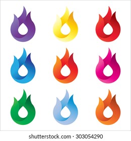 Modern style flame vector collection in many colors with gradient effect for logos, symbols isolated on white.