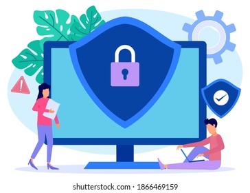 Modern style flat illustration, character of person with security device for cellphone, laptop and cyber security data. Illustrations for websites, landing pages, mobile apps, posters and banners.