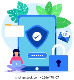 Modern style flat illustration, character of person with security device for cellphone, laptop and cyber security data. Illustrations for websites, landing pages, mobile apps, posters and banners.