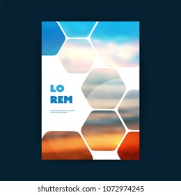 Modern Style Flyer or Cover Design for Your Business with Blurred Sunset Sky Image and Honeycomb Pattern - Applicable for Reports, Presentations, Placards, Posters - Creative Vector Template