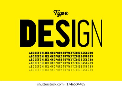 Modern style font design with different letters thicknesses, weights, from ultra bold to ultra thin, alphabet and numbers vector illustration