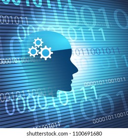 Modern Style Futuristic Machine and Deep Learning, Artificial Intelligence Design Concept with 3D Digital Bits Patterned Background and Human Head