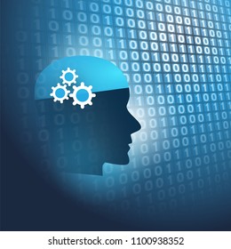 Modern Style Futuristic Machine and Deep Learning, Artificial Intelligence Design Concept with 3D Digital Bits Patterned Background and Human Head