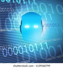 Modern Style Futuristic Machine and Deep Learning, Artificial Intelligence Design Concept with 3D Binary Code Bits Patterned Background and Robot Head