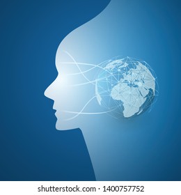 Estilo moderno Futuristic Machine Learning, Inteligência Artificial, Computação em Nuvem e IoT Networks Design Concept com malha de rede e globo terrestre e silhueta facial