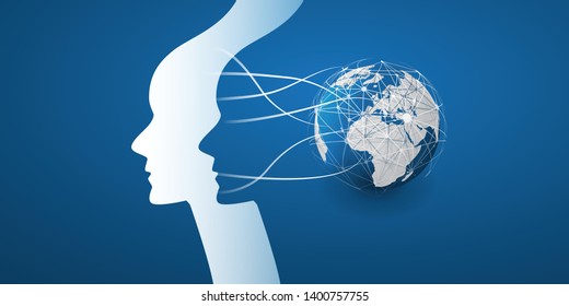 Modern Style Futuristic Machine Learning, Artificial Intelligence, Cloud Computing and IoT Networks Design Concept with Network Mesh and Earth Globe and Face Silhouette