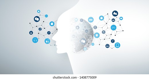 Moderno estilo Futurista Machine Learning, Inteligencia Artificial, Cloud Computing y IoT Networks Design Concept con Iconos conectados, Red Mesh y Earth Globe 
