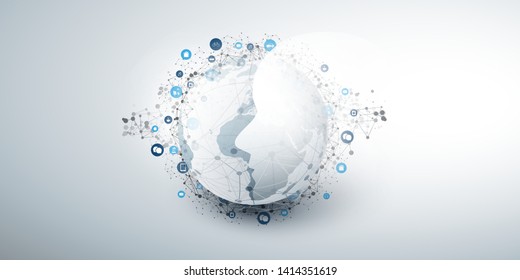 Modern Style Futuristic Machine Learning, Artificial Intelligence, Cloud Computing and IoT Networks Design Concept with Connected Icons, Network Mesh and Earth Globe