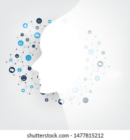 Modern Style Futuristic Machine Learning, Artificial Intelligence, Cloud Computing and IoT Networks Design Concept with Connected Icons, Network Mesh