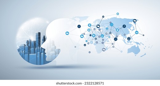 Modern Style Futuristic Machine Learning, Artificial Intelligence, Cloud Computing, Smart City and IoT Networks Design Concept with City Inside of a Globe, Connected Icons, Network Mesh and World Map