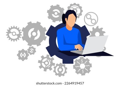 Modern style gears set system isolated on white background with different size and with female freelancer character working with laptop