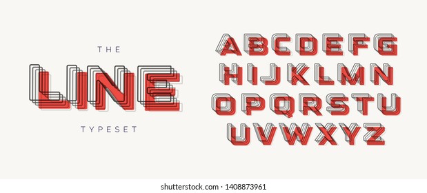 Modern style geometric font. Contour alphabet of the lines with blend effect and red spot/shadow. Bold tagline letters..