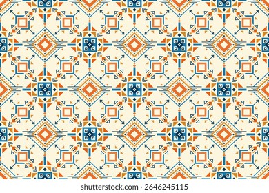 Modern Style Geometric Motifs in Blue and Orange on Cream Background. Seamless Traditional Southeast Asian Tribal Textile Background. Abstract Diamond Shape Folk Art. Luxury Geometric Ethnic Pattern.