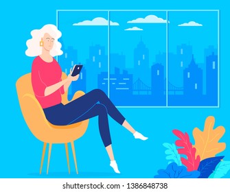 Modern style girl with mobile sitting in the  blue room 