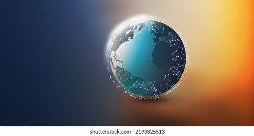 Modern Style Global Networks Structure, IT or Telecommunications Concept Design - Polygonal Network Connections in a Sunlit Earth Globe in Space - Creative Wide Scale 3D Vector Design with Copyspace