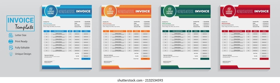Modern style gradient technology company invoice design template in blue red orange.  This cash memo price list for order expense is used for accounting bookkeeping finance business as money receipt.