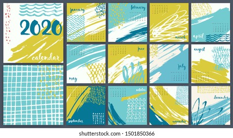 Moderner Stil handgezeichnet abstrakte Vektorillustration 2020 Kalender. Cool Kalendervorlage für Broschüren mit handgezeichneten Elementen. 