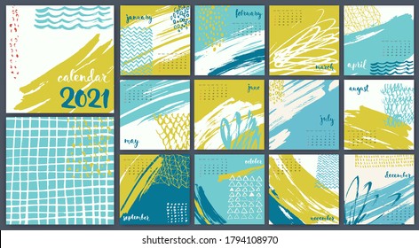 Modern style hand drawn abstract vector 2021 calendar. Cool calendar template for brochure with hand drawn elements. 