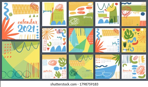 Modern style hand drawn abstract vector 2021 calendar. Cool calendar template for brochure with hand drawn elements. 