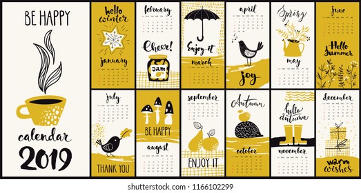 Modern style hand drawn cartoon vector 2019 calendar with monthly symbols