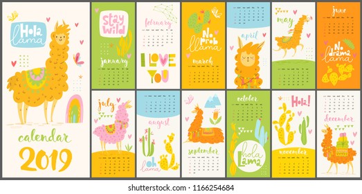 Modern style hand drawn cartoon vector 2019 calendar with funny lamas and alpacas 