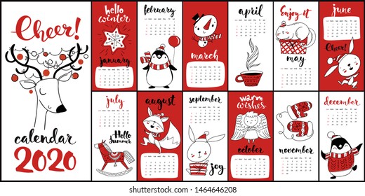 Modern style hand drawn cartoon vector 2020 calendar with funny hand drawn Christmas symbols in red color