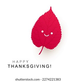 Modern Style Happy Thanksgiving Card Layout with Smiling Face on a Red Tree Leaf, Design Template with a Single Fallen Autumn Leaf - Vector Illustration on White Background