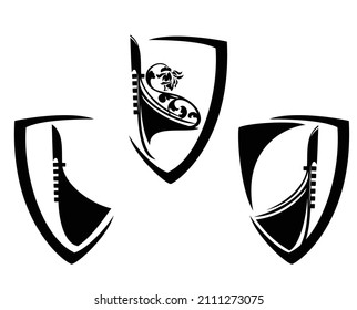 modern style heraldic shield with boat decorative bow with rose flower - venetian symbol black and white vector silhouette design set