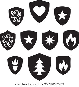 modern style heraldic shield with gondola boat decorative bow with rose flower - venetian symbol black and white hand drawn vector silhouette set.