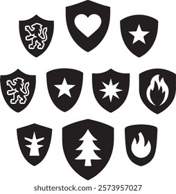 modern style heraldic shield with gondola boat decorative bow with rose flower - venetian symbol black and white hand drawn vector silhouette set.