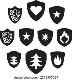 modern style heraldic shield with gondola boat decorative bow with rose flower - venetian symbol black and white hand drawn vector silhouette set.