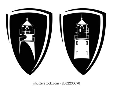 escudo heráldico de estilo moderno con torre de faro - viaje marítimo de armas conjunto de diseño vectorial blanco y negro