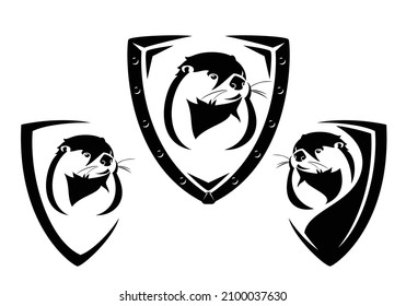 modern style heraldic shield with wild otter head for wildlife conservation concept - black and white vector coat of arms design set