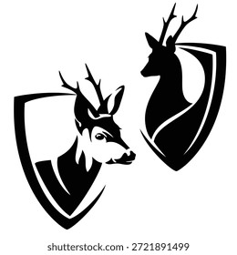Escudo heráldico de estilo moderno con cabeza de corzo salvaje para emblema de conservación de la vida silvestre - diseño de escudo de Vector blanco y negro
