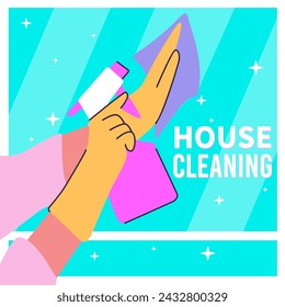 Modern style house cleaning service concept design for web banners, infographics. Woman maid at work. Flat style vector illustration. Retro style