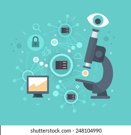 Modern style illustration concept of network and database research, gathering information online, capturing relevant material from the web