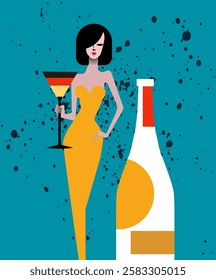 Modern style illustration featuring an elegant woman in a yellow dress holding a cocktail, ideal for posters, party invitations, branding, etc.