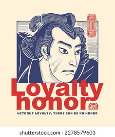 A modern style illustration of a Japanese samurai portrait with a slogan and text designed for printing on  t shirts