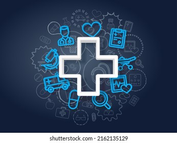 Modern Style Illustration Of Medical Cross And Different Icons For Healthcare Concept. 3d Realistic Integrated Icons Set On Chalkboard With Hand Drawn Doodle Pictograms. Vector Sketch Illustration.