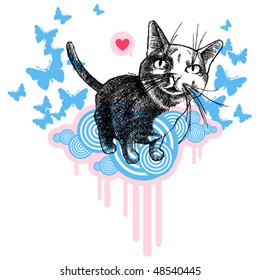 Modern style: illustration realistic cat sitting on pink and blue clouds with blue butterflies