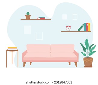 Modern style interior. Sofa, shelves with books and home plants. Flat style illustration