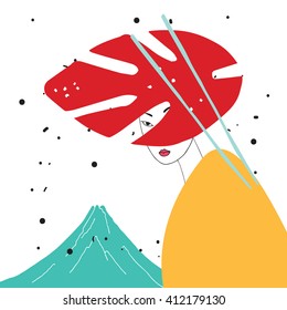 Modern style Japanese background with Asian girl and mountain Fuji